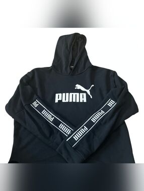 Puma Black Hoodie with White Logo and Sleeve Taping